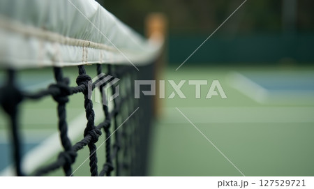 Close-up of tennis net with shallow depth of field on outdoor court. Sports background with focus on net texture and blurred green court 127529721