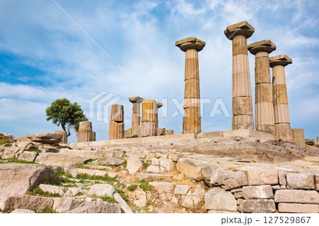 Doric columns of Temple of Athena in Assos Turkey with ancient stone pavement Doric columns of Temple of Athena in Assos Turkey with ancient stone pavement 127529867
