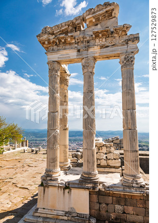 Detailed view of Corinthian columns of  the Temple of Trajan in Pergamon Turkey 127529873