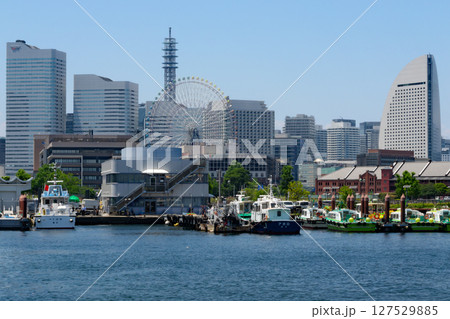 山下公園から見た青天の横浜みなとみらい地区、赤レンガ倉庫、コスモクロック、クイーンズスクエア横浜 山下公園から見た青天の横浜みなとみらい地区、赤レンガ倉庫、コスモクロック、クイーンズスクエア横浜 127529885