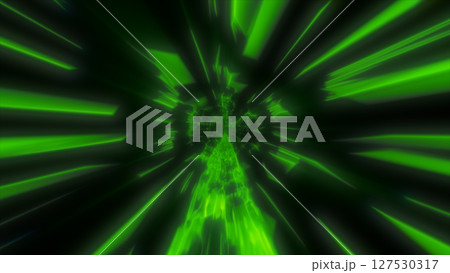 Green tunnel of light beams converging toward a bright vanishing point, evoking a sci-fi warp speed effect Green tunnel of light beams converging toward a bright vanishing point, evoking a sci-fi warp speed effect 127530317
