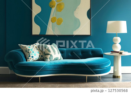 Chic blue living space with a plush velvet sofa, geometric art, and modern lamp 127530568
