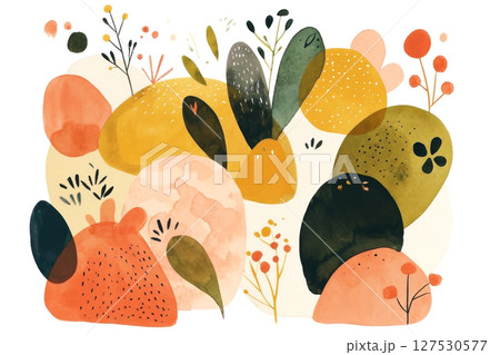 Vibrant abstract landscape filled with earthy tones and playful shapes, capturing nature essence 127530577