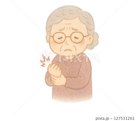 手首を痛めて悲しそうな顔をするおばあちゃんのふんわりイラスト 127531201