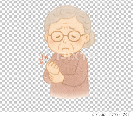 手首を痛めて悲しそうな顔をするおばあちゃんのふんわりイラスト 127531201