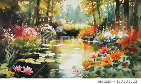 花畑と草原の風景 水彩画（Generative AI） 127531312