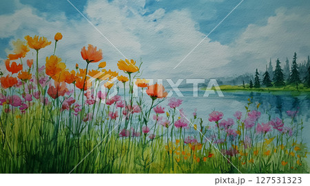 花畑と草原の風景 水彩画(Generative AI) 花畑と草原の風景 水彩画(Generative AI) 127531323