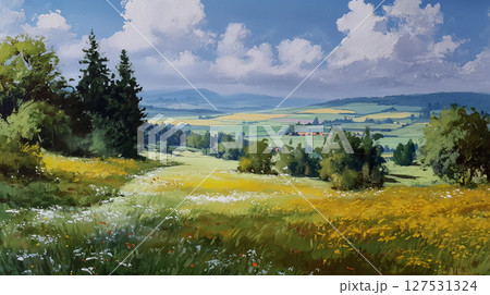 花畑と草原の風景 水彩画（Generative AI） 127531324