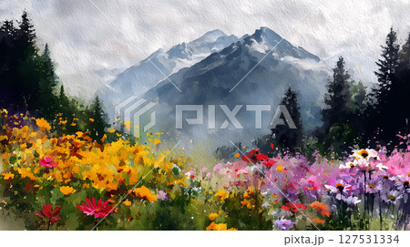 花畑と草原の風景 水彩画(Generative AI) 花畑と草原の風景 水彩画(Generative AI) 127531334