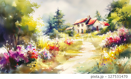 外国風の家と花の風景 水彩画(Generative AI) 外国風の家と花の風景 水彩画(Generative AI) 127531470