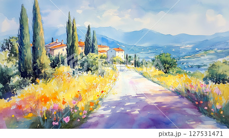 外国風の家と花の風景　水彩画（Generative AI） 127531471