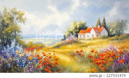外国風の家と花の風景　水彩画（Generative AI） 127531474