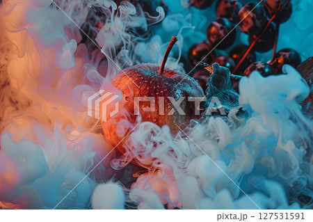 A mesmerizing still life featuring a dewy apple surrounded by delicate swirling mist 127531591