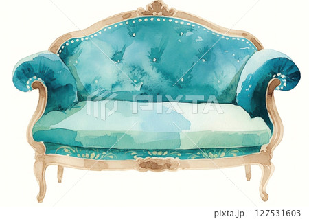 A beautifully crafted watercolor illustration of a vintage teal sofa, combining elegance and artistic flair. 127531603