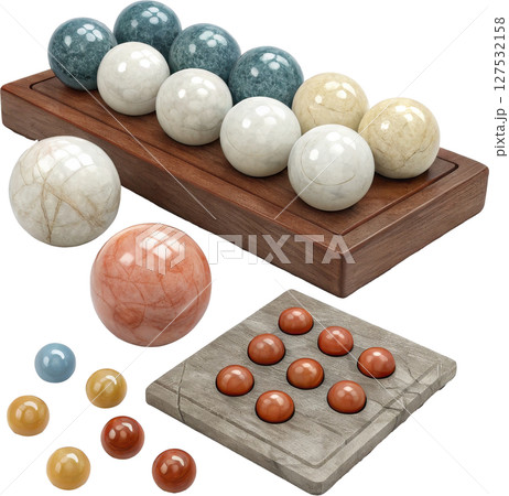 Assorted marble spheres and orbs on display 127532158