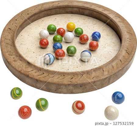 Assortment of colorful marbles in a wooden bowl 127532159