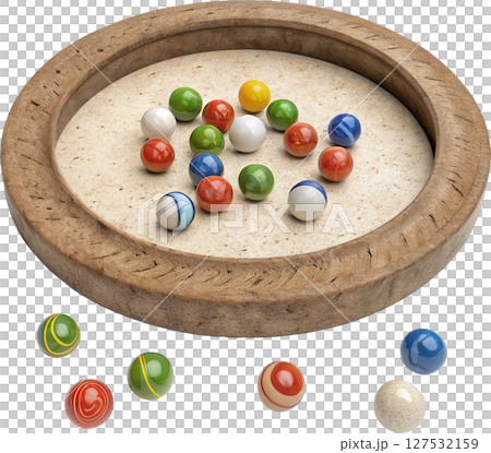 Assortment of colorful marbles in a wooden bowl 127532159