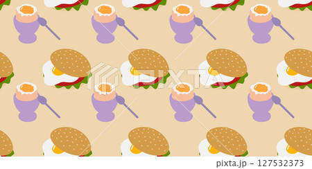 Fried Egg Sandwich and Soft Egg in Egg bowl with spoon Seamless Pattern Egg Day Holiday Festive Fond 127532373