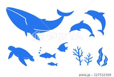 海の生き物のベクターイラスト素材。魚のアイコン、フレーム、装飾、背景。 127532509