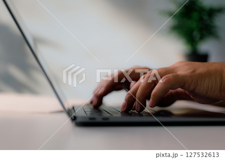 Typing on laptop keyboard with modern office background 127532613