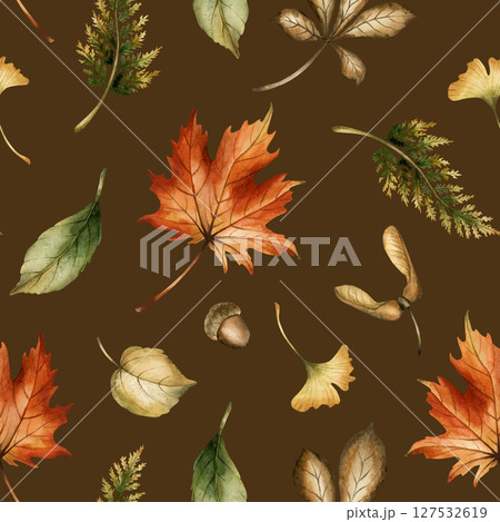 Autumn forest leaves, seeds and acorns. Watercolor hand painted floral seamless pattern on dark brown background for fall forest design, cozy prints, cute home textile, wrapping paper wallpaper fabric 127532619