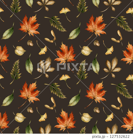 Autumn forest leaves, seeds and acorns. Watercolor hand painted floral seamless pattern on dark background for fall forest design, cozy prints, cute home textile, wrapping paper, wallpaper, fabric Autumn forest leaves, seeds and acorns. Watercolor hand painted floral seamless pattern on dark background for fall forest design, cozy prints, cute home textile, wrapping paper, wallpaper, fabric 127532622