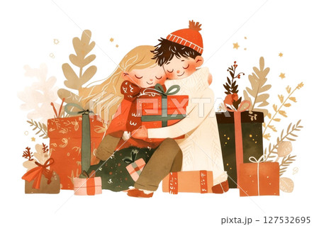 Cozy winter illustration of two people embracing among beautifully wrapped gifts 127532695