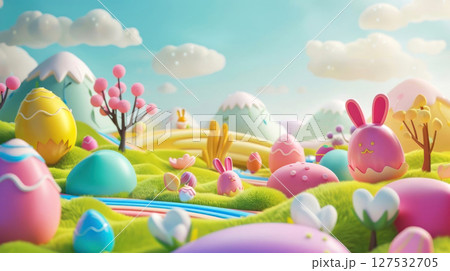 Explore a whimsical pastel wonderland filled with colorful eggs, fluffy clouds, and cheerful bunnies 127532705