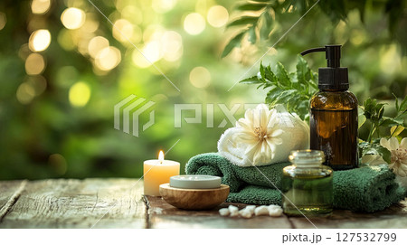 Serenity captured with lush greenery and soothing spa essentials 127532799