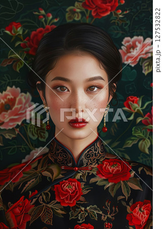 A young asian woman in traditional attire stands against a floral backdrop 127532822