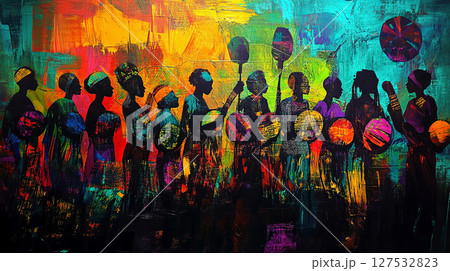 Vibrant silhouettes emerge in bold colors, capturing a dynamic celebration of culture and unity 127532823