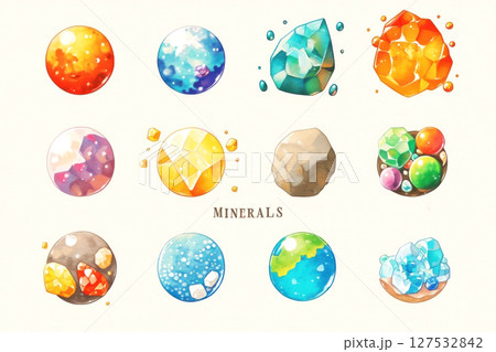 Vibrant illustration showcasing twelve colorful mineral designs, blending art and science in a captivating display 127532842