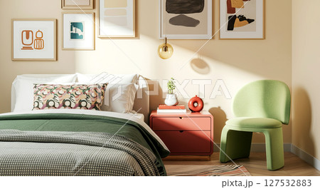 Cozy interior with modern art and vibrant colors, blending comfort and style seamlessly 127532883