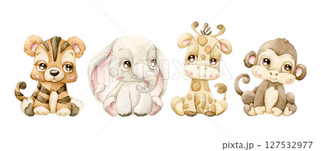 Cute Tiger Elephant Giraffe Monkey. Tropical African Safari animals. Adorable wildlife. Watercolor hand painted illustration isolated on white background for jungle design kids nursery baby shower Cute Tiger Elephant Giraffe Monkey. Tropical African Safari animals. Adorable wildlife. Watercolor hand painted illustration isolated on white background for jungle design kids nursery baby shower 127532977