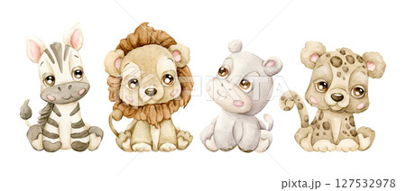Cute Zebra Lion Hippo Leopard Tropical Exotic African animals Adorable wildlife. Watercolor hand painted illustration isolated on white background for safari jungle design kids nursery baby shower Cute Zebra Lion Hippo Leopard Tropical Exotic African animals Adorable wildlife. Watercolor hand painted illustration isolated on white background for safari jungle design kids nursery baby shower 127532978