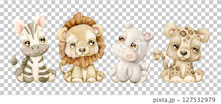 Cute Zebra Lion Hippo Leopard Tropical Exotic African animals Adorable wildlife. Watercolor hand painted illustration isolated on white background for safari jungle design kids nursery baby shower 127532979