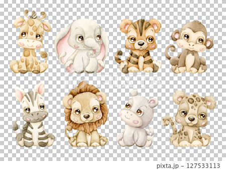 Cute Tropical Safari animals Clipart Set Adorable African wildlife Giraffe Elephant Hippo Watercolor hand painted illustration isolated on white background for jungle design kids nursery baby shower. Cute Tropical Safari animals Clipart Set Adorable African wildlife Giraffe Elephant Hippo Watercolor hand painted illustration isolated on white background for jungle design kids nursery baby shower. 127533113
