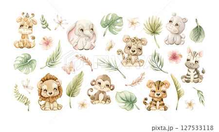 Cute Tropical Animals Plants Flowers Insects Clipart Set Exotic African jungle wildlife Watercolor hand painted summer floral isolated illustration on white background Cute kids nursery baby shower Cute Tropical Animals Plants Flowers Insects Clipart Set Exotic African jungle wildlife Watercolor hand painted summer floral isolated illustration on white background Cute kids nursery baby shower 127533118
