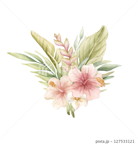 Tropical Hibiscus Heliconia Palm Leaves. Exotic African jungle pink flowers plants. Watercolor hand painted summer floral isolated illustration on white background cute kids nursery design poster baby 127533121
