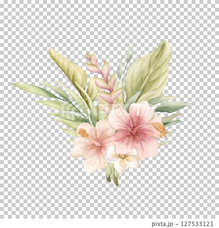 Tropical Hibiscus Heliconia Palm Leaves. Exotic African jungle pink flowers plants. Watercolor hand painted summer floral isolated illustration on white background cute kids nursery design poster baby 127533121