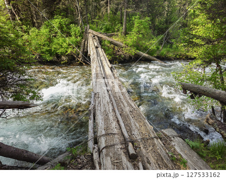 Bridge of logs for crossing a fast mountain river 127533162