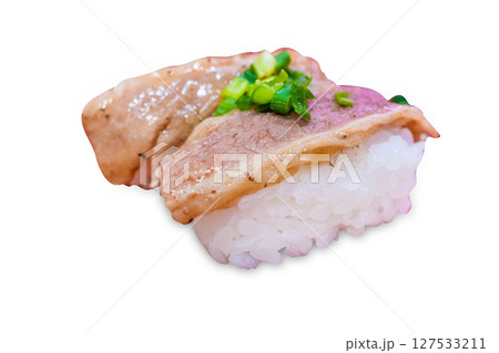 Top view of Boneless Short Rib Beef sushi, focus selective 127533211