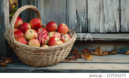 basket of apples on porch, rustic scene. 127533273