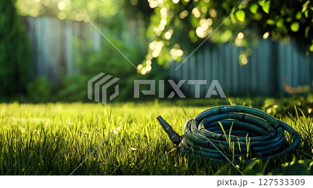 garden hose in grass, summer heat realism. 127533309