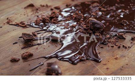 crumbs and melted chocolate on coffee table. crumbs and melted chocolate on coffee table. 127533335