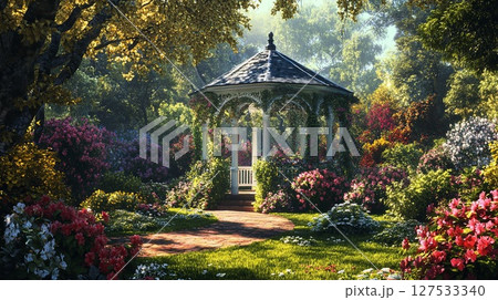 A beautiful garden gazebo surrounded by flowers and greenery. 127533340