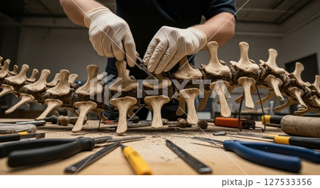 Paleontologist Carefully Examining Prehistoric Vertebrae Fossil Specimen in Laboratory 127533356