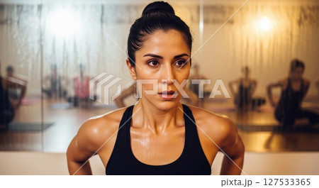 Fit South Asian Woman in Black Workout Top After Intense Fitness Class 127533365