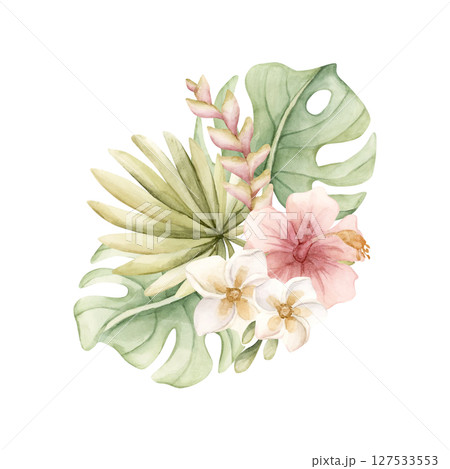 Tropical Hibiscus Plumeria Heliconia Monstera leaves. Exotic African jungle pink flowers plants. Watercolor hand painted summer floral isolated illustration on white background cute kids nursery baby 127533553