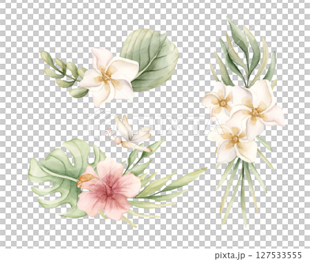Tropical Hibiscus Plumeria Monstera Palm leaves arrangements set. Exotic African jungle flowers plants Watercolor hand painted summer floral isolated illustration on white background cute nursery baby 127533555